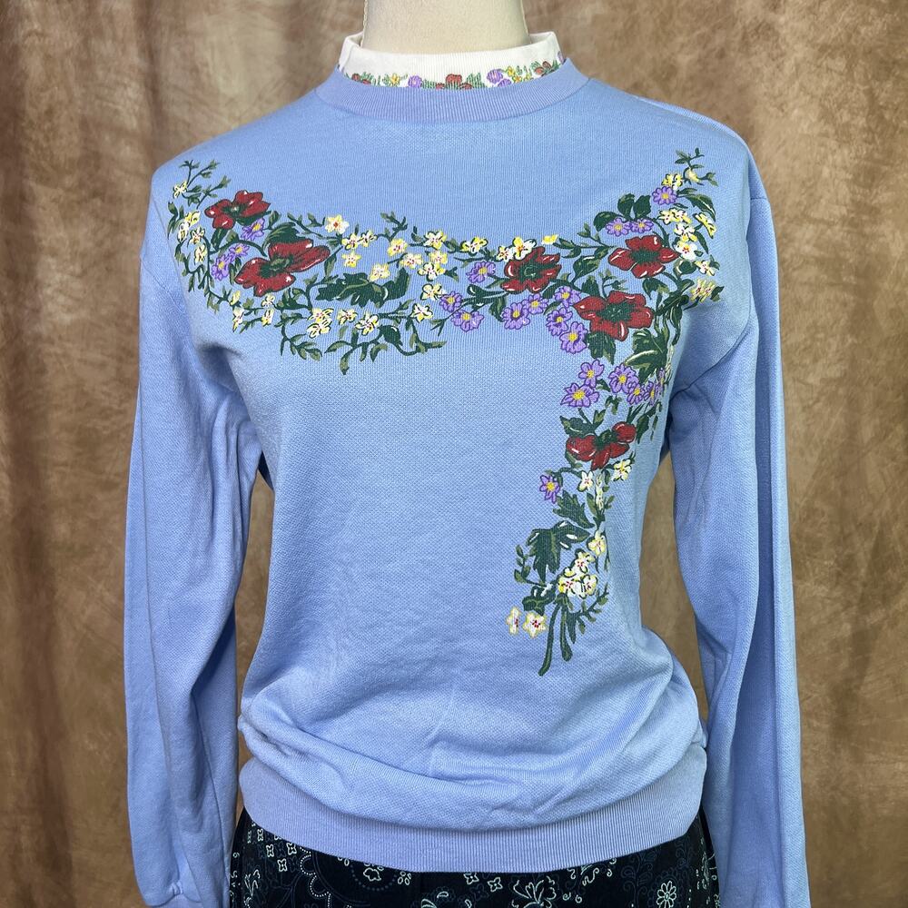 Vintage 90s Floral Print Long Sleeve Shirt Collared Blue Cottagecore Garden Boho